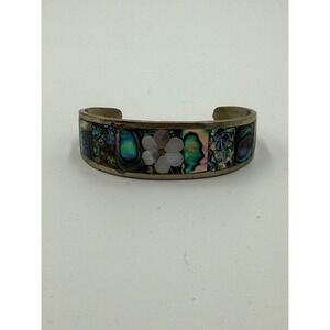 Vintage Alpaca Mexico Abalone Inlay Flower Cuff Bracelet Mother of Pearl Boho